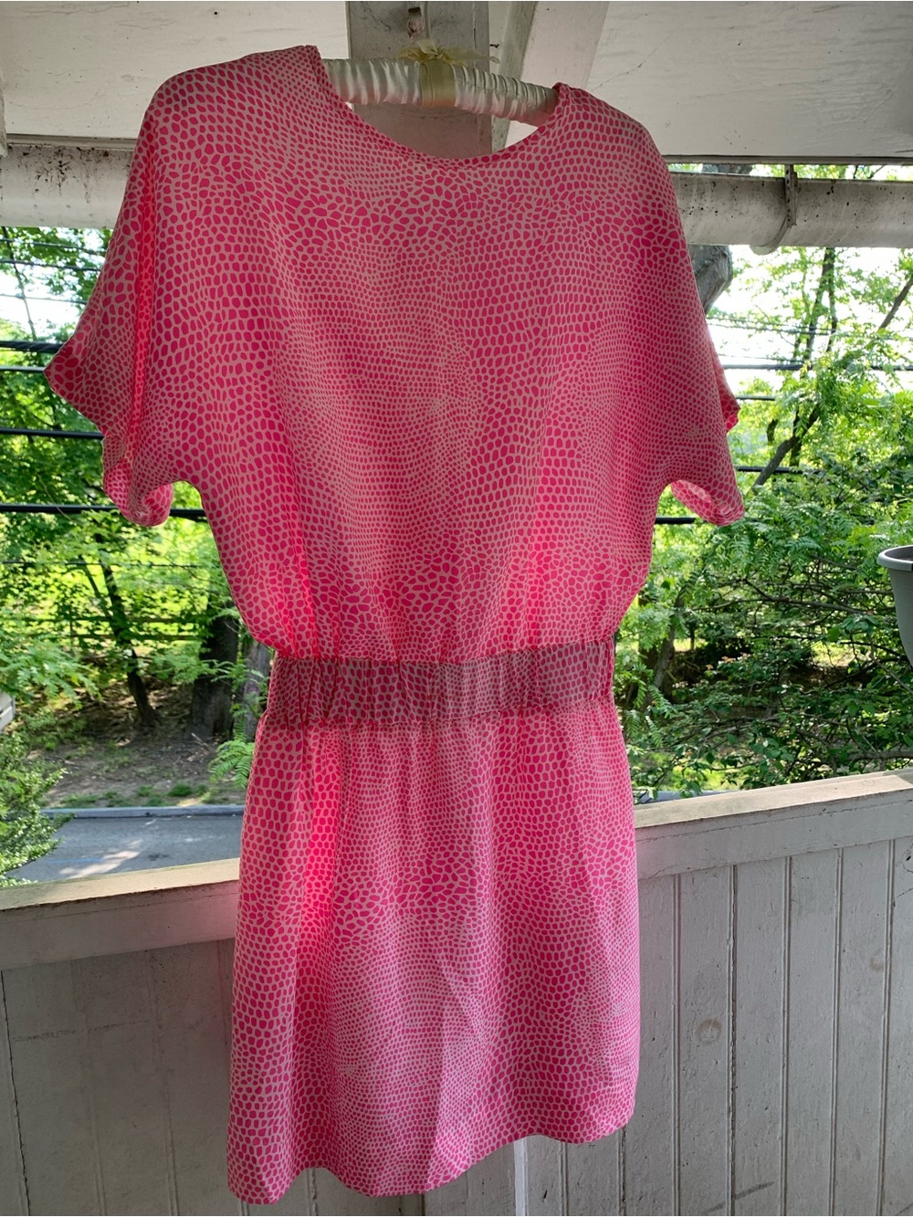 Pink Printed Short-Sleeve 100% Silk Mini Dress with Elastic Waist Size XS NWOT!